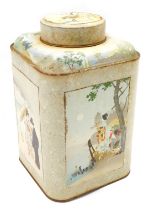 A late 19th/early 20thC Toleware tea canister, printed with an oriental design of figures beside wat