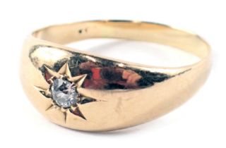 A signet ring, with star illusion set old cut diamond approx 0.12ct, in claw setting on a yellow met
