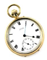 A Meader of Boscombe 9ct gold cased pocket watch, with white enamel Roman numeric dial, second subsi