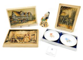 A Shorter and Sons D'oyly Cart Opera Company figure, three souvenir ivorine plaques, and a box set o