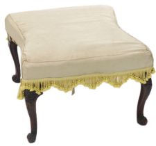 A 19thC rosewood foot stool, the concave sided padded top on carved cabriole legs, 65cm wide.