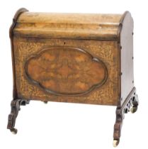 A Victorian walnut and marquetry enclosed Canterbury, with a domed lid, enclosing two divisions with