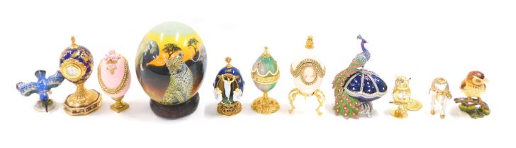 A collection of ornamental eggs, etc., to include an ostrich egg bearing the name Julie Morgan, porc