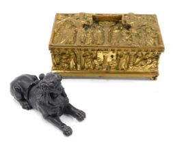 A Continental style gilt brass jewellery box or casket, decorated with medieval style figures within