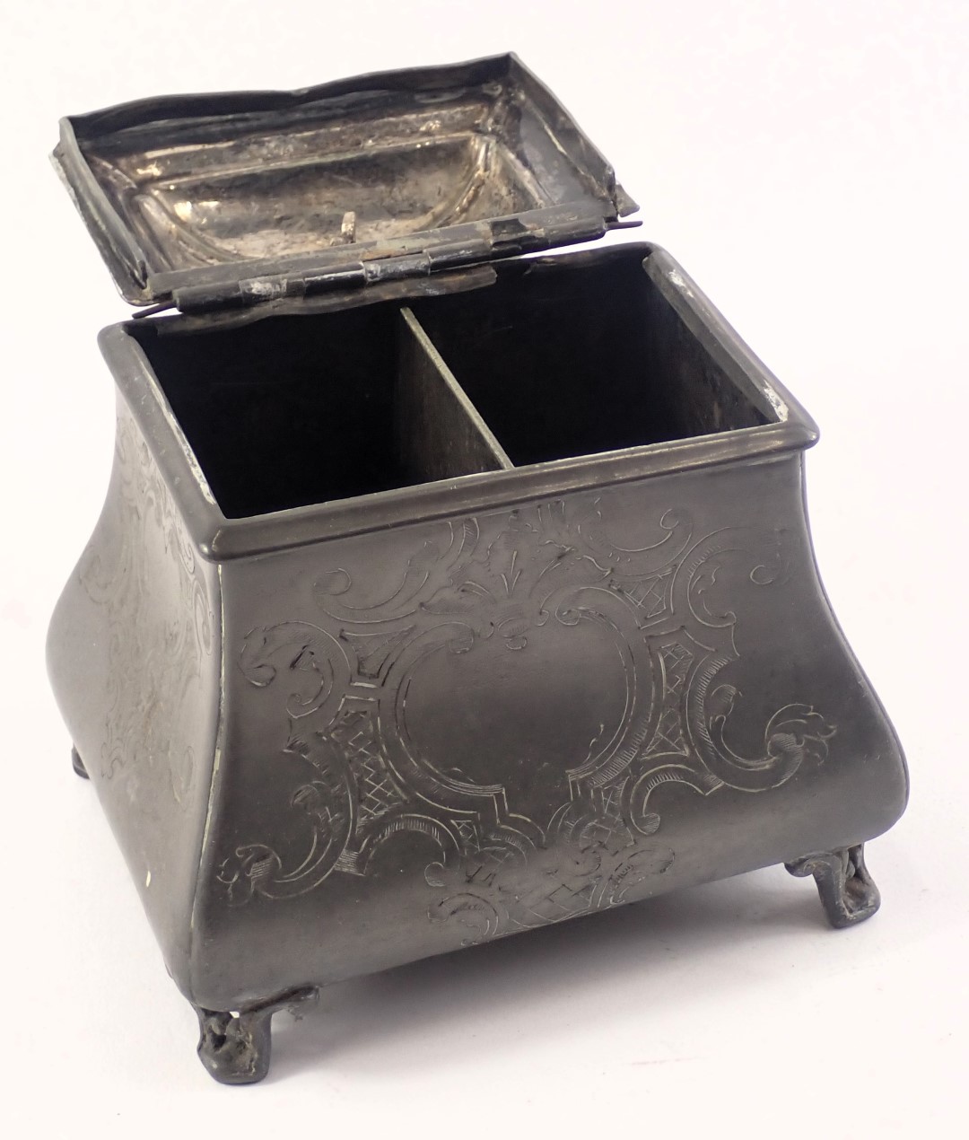 A 19thC pewter tea caddy, of sarcophagus shaped form with bracket feet, 17cm high, 13cm wide, 11cm d - Image 2 of 2