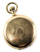 A gold plated Star Dennison pocket watch, with a white enamel Roman numeric dial and blue hands, ser