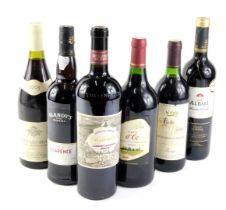 Six bottles of mixed red wine, etc., to include Blandy's Madeira, Stellenbosch 2016 Cabernet Sauvign