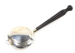 An Elizabeth II novelty miniature silver and ebonised warming pan, with turned handle, Birmingham 19