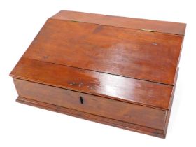 A 19thC fruitwood tabletop writing slope, the hinged lid enclosing interior with two drawers, on a m