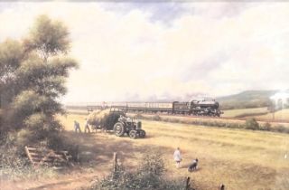After Don Breckon. steam train beside harvesting scene, coloured print, 50cm x 76cm.
