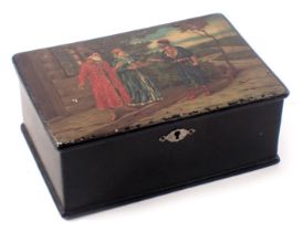 A Russian papier mache tea caddy, the hinged lid decorated with three figures wearing brightly colou