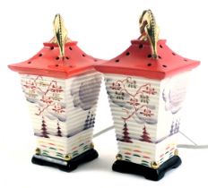 A pair of Goebel ceramic lights, modelled in the form of an Oriental lantern, mounted with a gilt dr