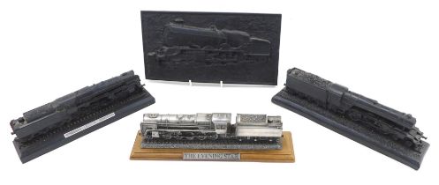 A King Maker resin and coal plaque of The King George locomotive, two further locomotives, and a Com