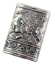 A 19thC German white metal match or Vesta case, decorated with deer hunting scenes, stamped 800, mak