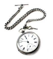 A 19thC silver pocket watch, with white enamel Roman numeric dial, and blue hands, with key wind, nu