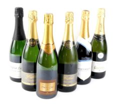 Six mixed bottles of sparkling wine, to include Leckford Estate 2014 English.