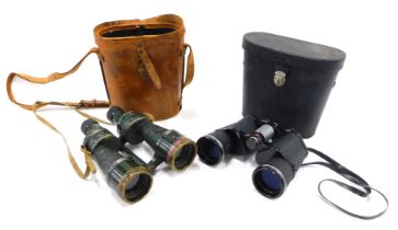 A pair of Binoprism number 5 mark 4 binoculars, probably military issue, painted in green with part