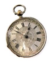 A Victorian white metal fob watch, with a silvered numeric dial and blue hands, with floral scroll a