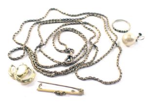 A small group of jewellery, comprising a gilt metal watch chain with 9ct gold clasp, a pair of gold