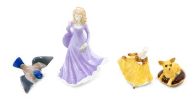 A Royal Worcester porcelain figure of Lisa, Beswick Chihuahua, small Copenhagen blue tit, and a Roya