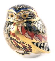 A Royal Crown Derby porcelain Little Owl paperweight, gold button and red back stamp, boxed.