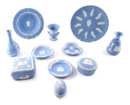 A group of Wedgwood blue Jasperware, comprising bud vase, pin dishes, egg shaped trinket box. (1 tra