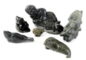 A collection of six Inuit carvings, mainly indistinctly engraved with carvers to include Soudloo.