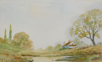 Digby Page (b1945). Landscape with cottage and pond, watercolour, signed lower left, 25cm x 39cm.