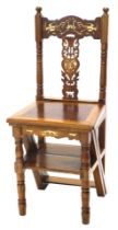 A set of Continental walnut and bone inlaid metamorphic library steps, with solid seat.