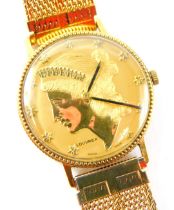 A gent's fashion watch, the face formed as a Liberty coin stamped Louvrex, on a plated strap, with b