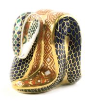 A Royal Crown Derby porcelain snake paperweight, gold button, red back stamp.