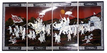 A modern Chinese lacquer and mother of pearl wall hanging, decorated with elephants, and figures etc