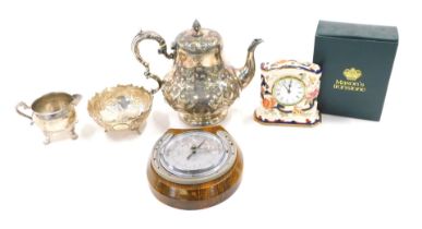 A silver plated teapot, associated bowl and a milk jug, a horseshoe shaped aneroid barometer, Masons