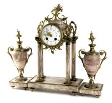 A late 19thC French portico clock, the clock applied with gilt metal mounts, the white enamel dial d