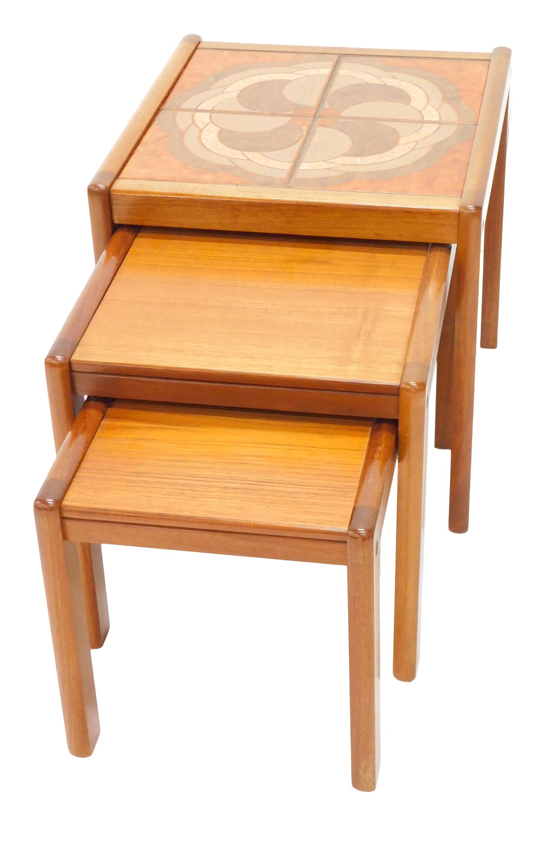 A nest of three mid-century teak tables in Danish style, the largest with a tiled top, unmarked, 46c