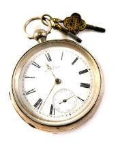 A silver cased AWW Co Waltham Mass pocket watch, with key wind, white enamel dial with Roman numeric