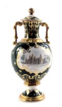 A Royal Crown Derby porcelain vase and cover, painted with a scene of Burghley house, on a green gro