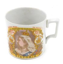 A late 19thC Queen Victoria Diamond Jubilee commemorative mug, printed with The Queen, surrounded by
