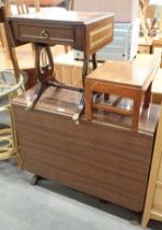 A drop leaf kitchen table, stool, and a reproduction side table. (3)