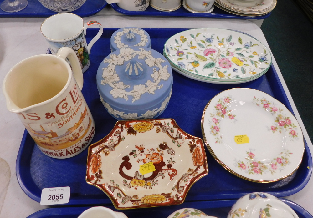 Decorative ceramics, comprising Wedgwood blue Jasperware, circular storage jars, Minton Haddon Hall