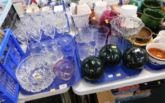 Household glassware, comprising drinking glasses, sundae dishes, three glass fishing floats, etc. (3