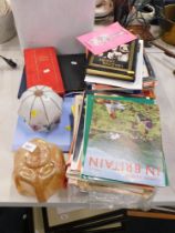 Various cigarette and trade cards, two glass light shades, Britain magazines, small group of theatre