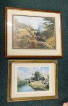 Two locomotive prints, comprising LWR green locomotive over bridge, and another. (2)