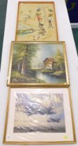 Pictures and prints, comprising After G Price Lancaster, oil on board watermill scene, and G. Fergus