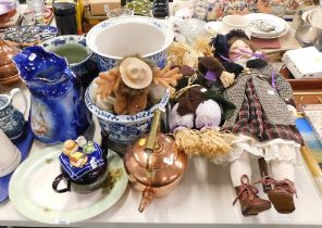 Cabinet plate, teapot, blue and white bowls, chamber pot (AF), ceramic dolls, Canadian teddy bear, l