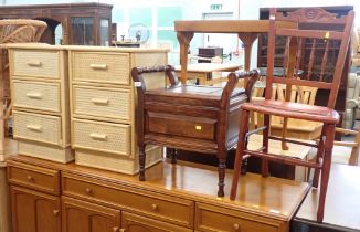 A pair of rattan effect three drawer bedsides, 19thC box stool, and a cane chair. (4)