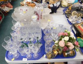 Decorative glassware, comprising punch bowls, two tier cake stand, drinking glasses, etc. (2 trays a