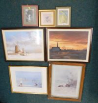 Pictures and prints, comprising W McAllister church watercolour, W McAllister windmill and snow scen