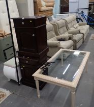 Assorted furniture, comprising white coffee table with glass top, a box stool, and two bedsides.