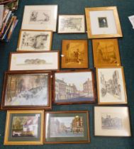 Pictures and prints, comprising Elm Cottage, panelled prints, Lincoln street scenes, Happy Hedgehogs